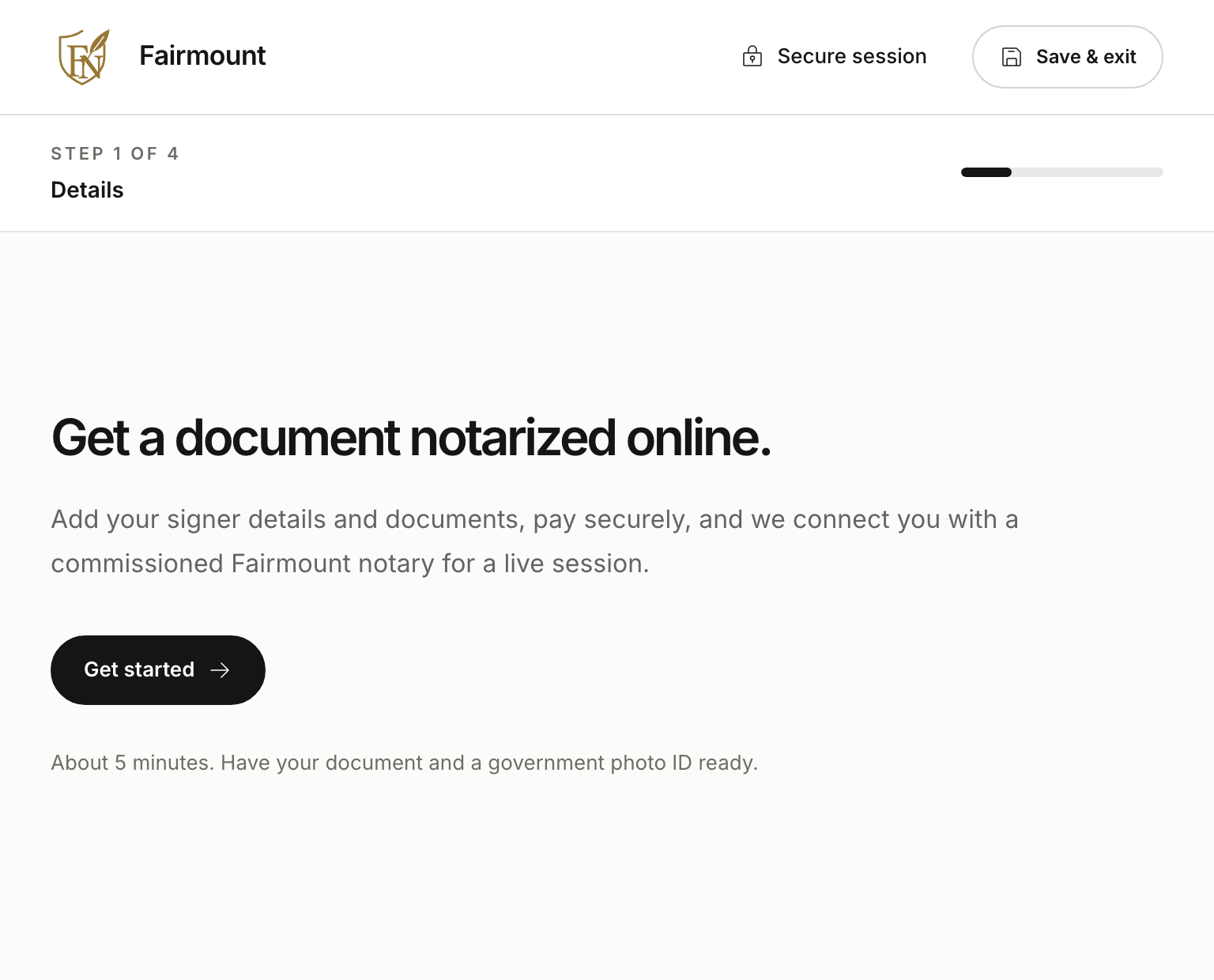 Fairmount's online notarization intake with step progress and a get started button