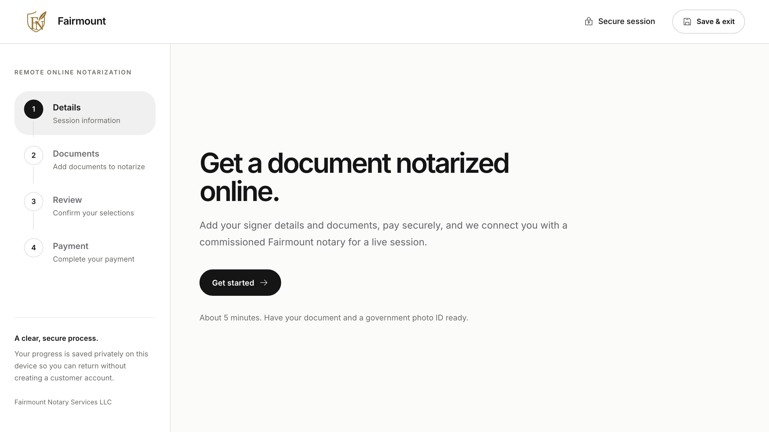 Fairmount's four-step online notarization intake on desktop